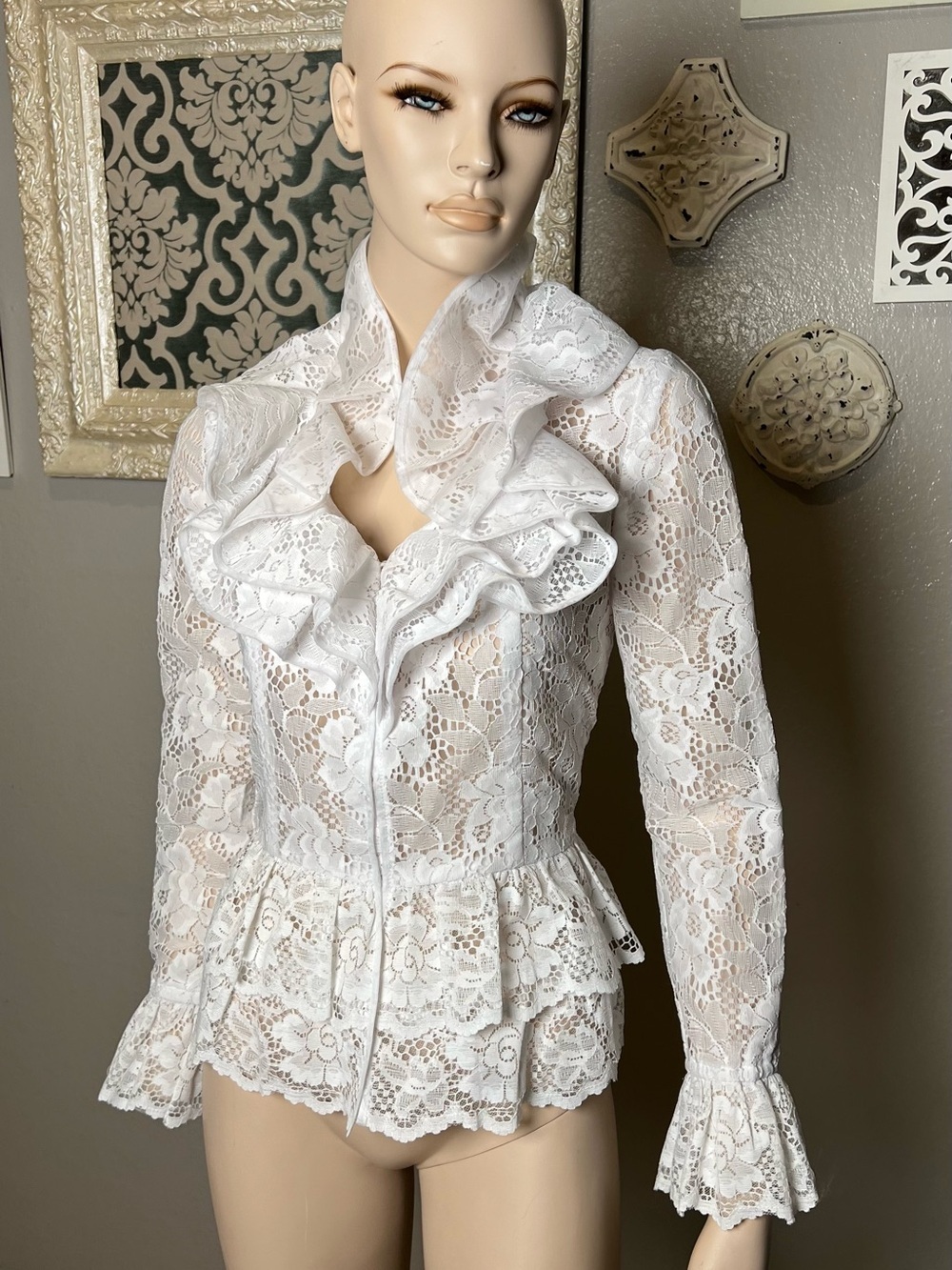White Lace Ruffle Front Women's Top 100% silk